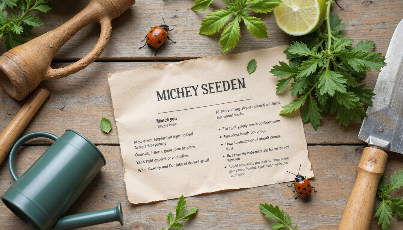  Rustic gardening tools, labeled seed packets, watering can, beneficial ladybugs, simple instruction notes