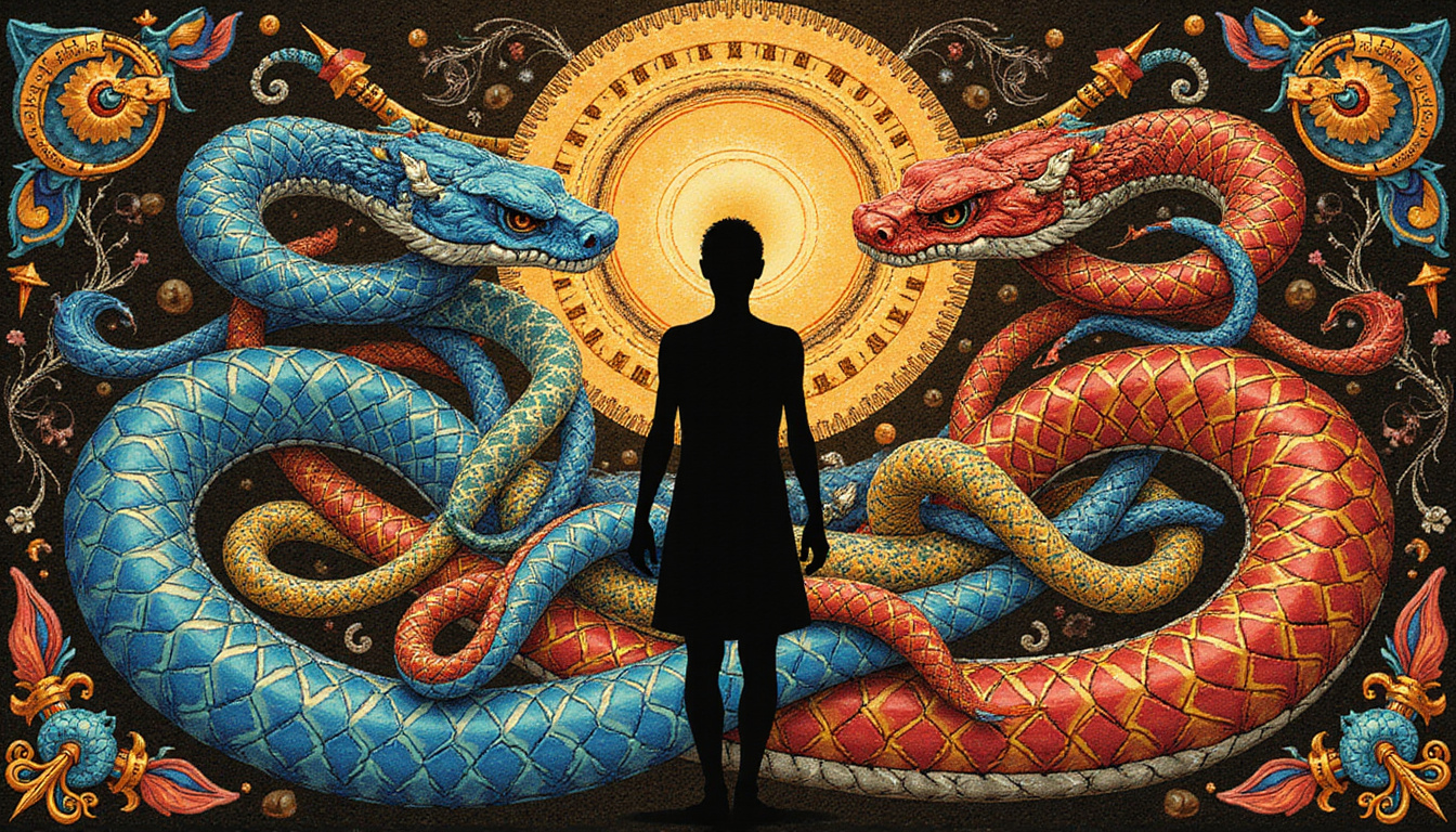 Cultural mosaic of serpents: Aztec, Norse, Hindu motifs entwined around human shadow, luminous