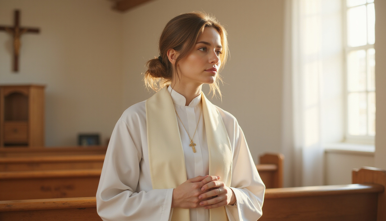  Minimalist white alb and stole, female pastor preparing at simple wooden altar, soft morning light
