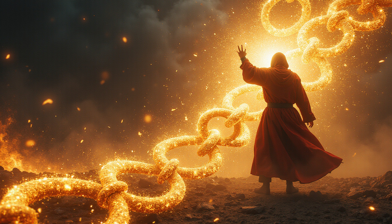  Sorcerer breaking glowing chain of ancient sigils shattering into golden light