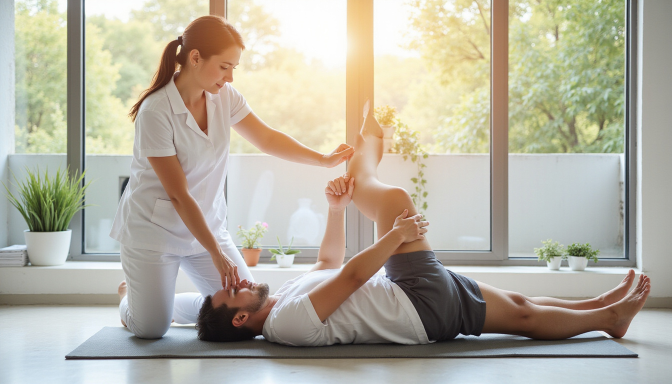 Physiotherapist demonstrating stretch, patient calm on mat, sunlight, step-by-step instructional poster