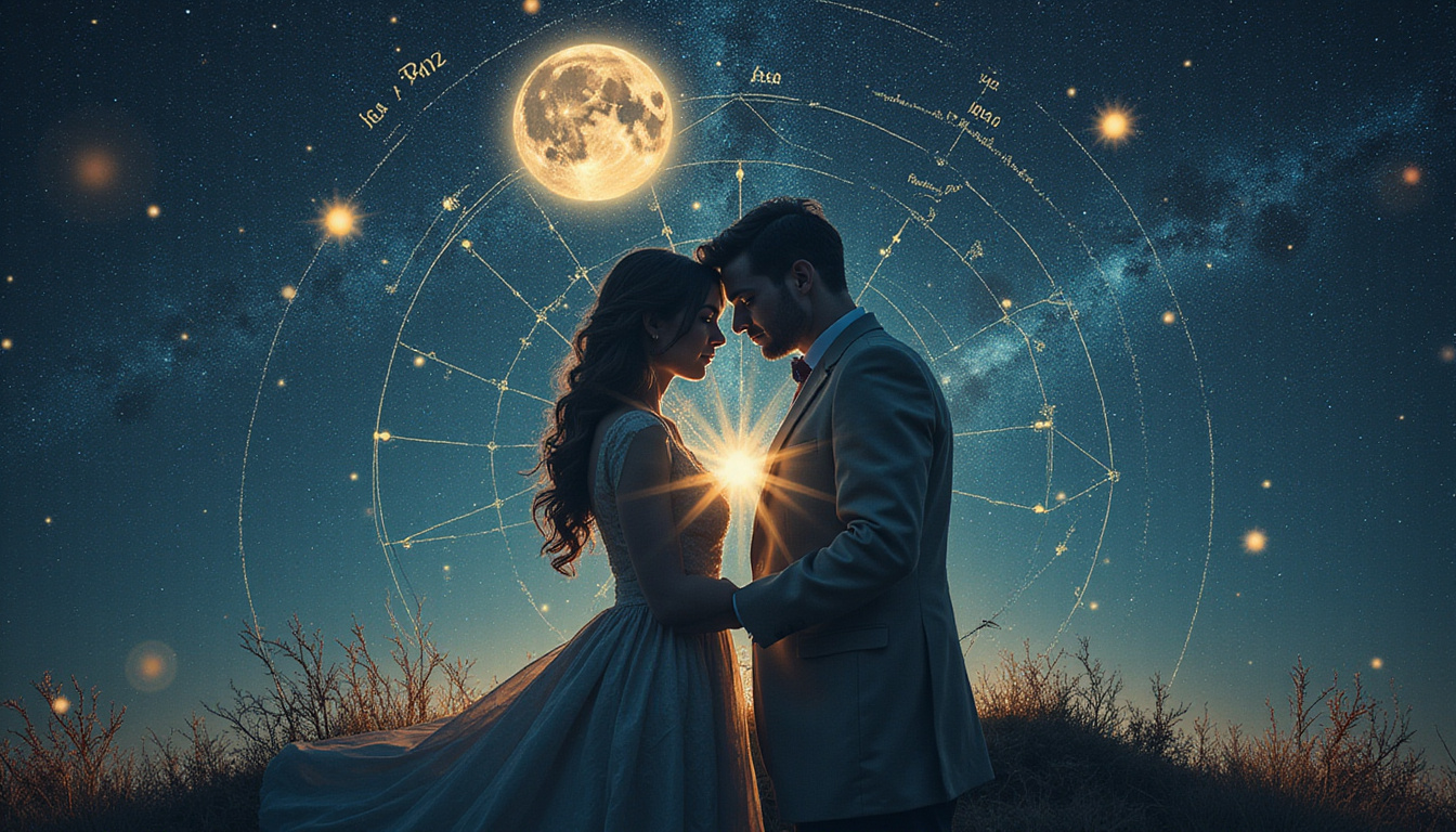 Romantic celestial couples entwined under star-chart, love-compatibility symbols, moonlit vintage key and lock