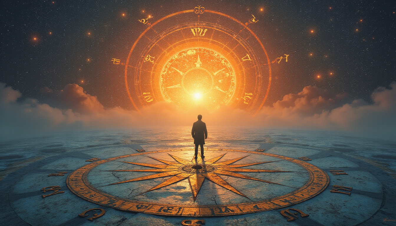 Ancient atlas and zodiac compass guiding a lone figure toward luminous horizon, mystical sigils swirling
