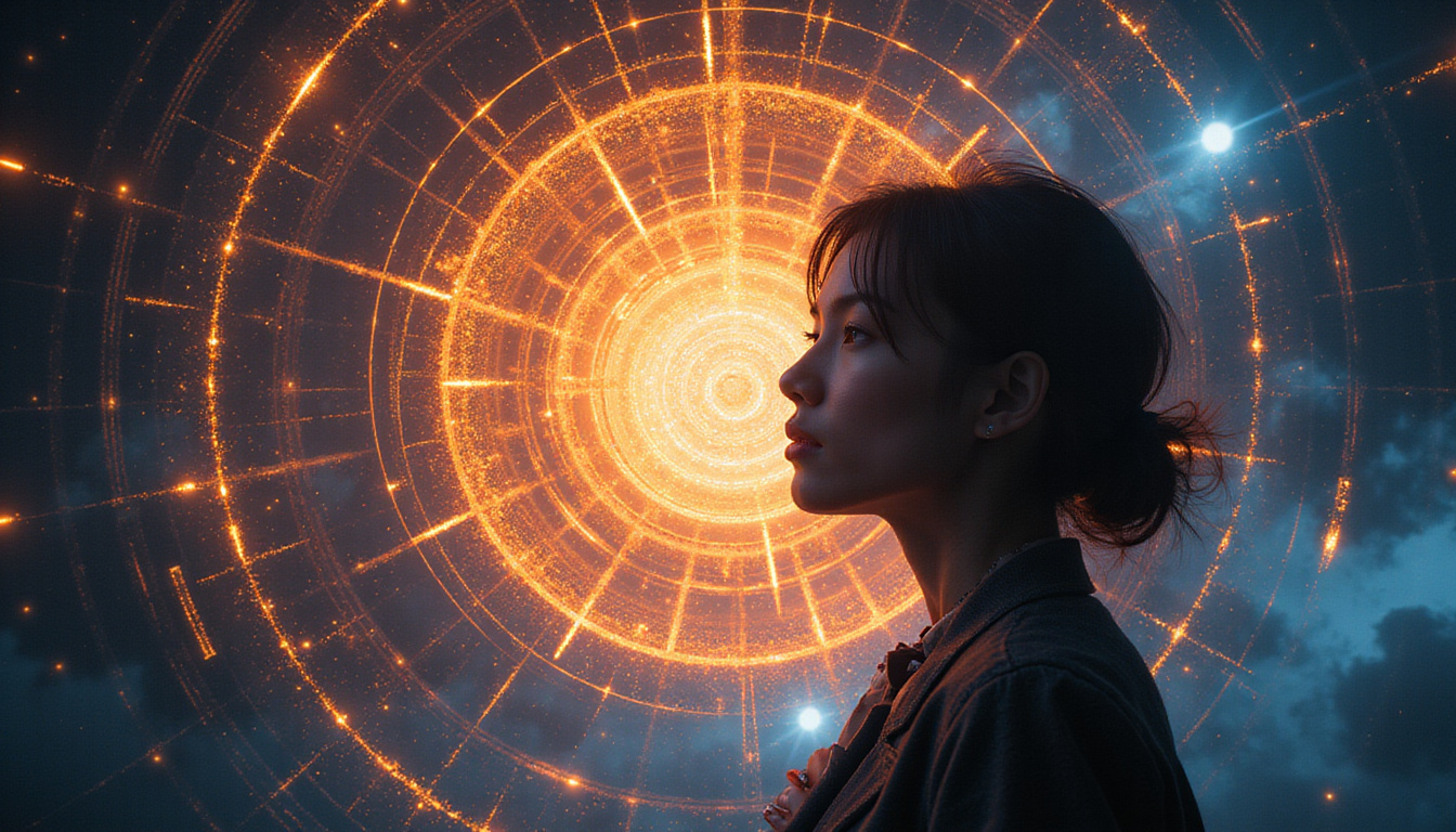 Portrait silhouette surrounded by spiraling life rings, luminous timing lines and subtle cosmic gears