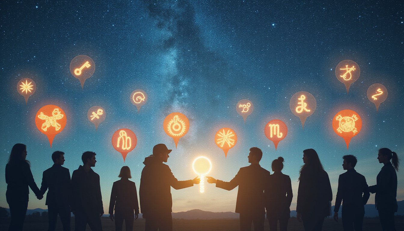 Diverse people embodying zodiac signs exchanging glowing speech bubbles and keys under starry sky