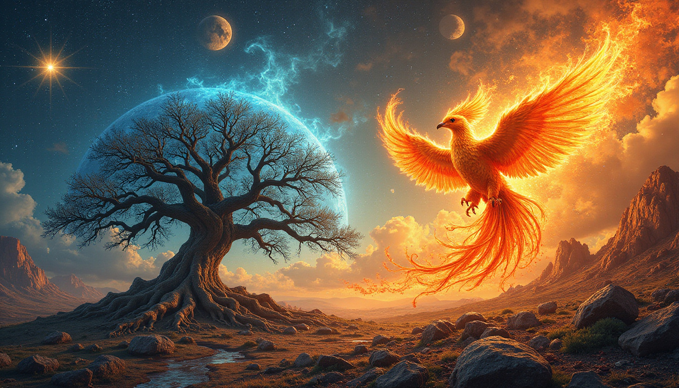 Surreal elemental landscape blending fiery phoenix, rooted oak, swirling winds, celestial astrological glyphs