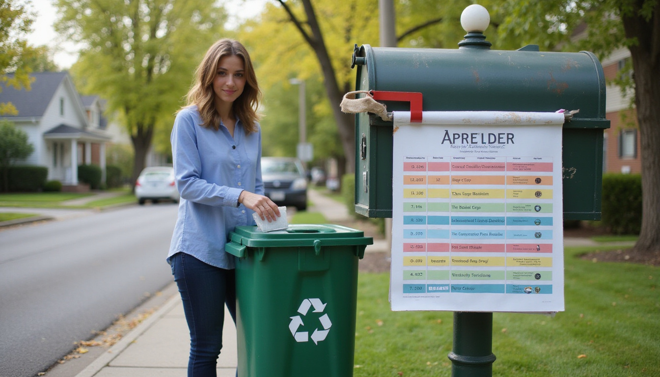 Person placing labeled recycling bin, color-coded schedule chart pinned to mailbox, cheerful suburban street