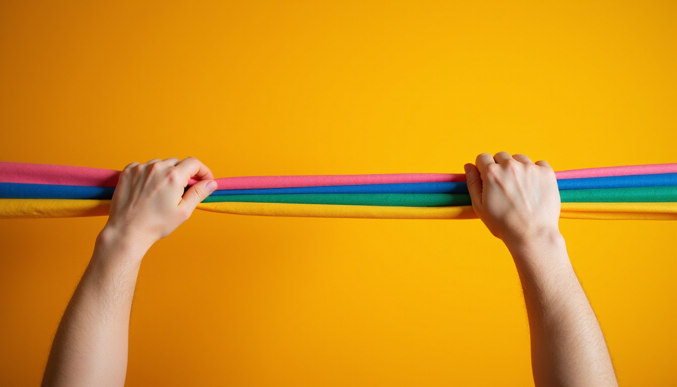  Colorful resistance band stretched between strong hands, studio backdrop, high-contrast, anatomical veins visible