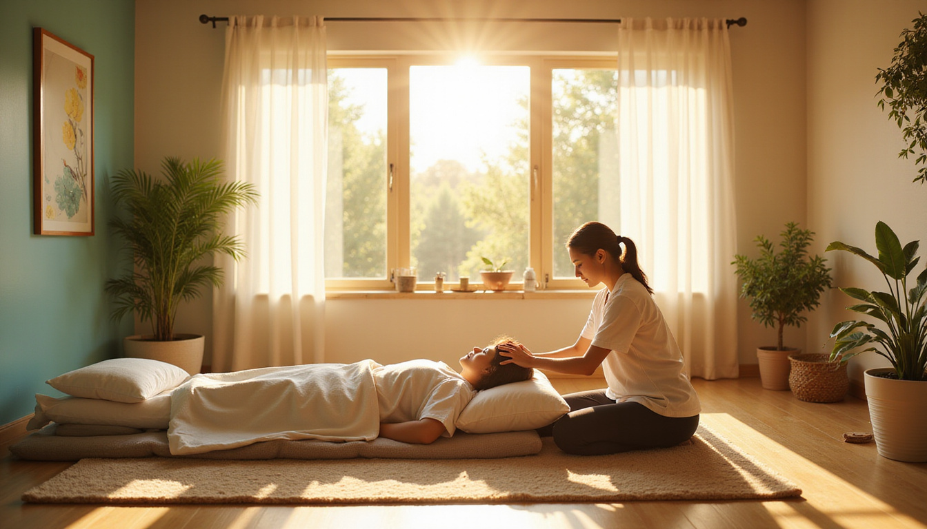  sunlit recovery room with therapist guiding patient through yoga, herbal remedies, supportive family