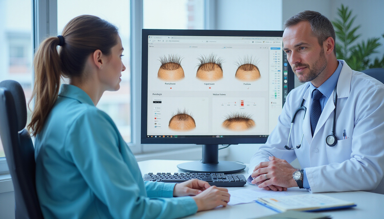  patient consulting endocrinologist, magnified hair follicles on monitor, hormone assay strips and charts