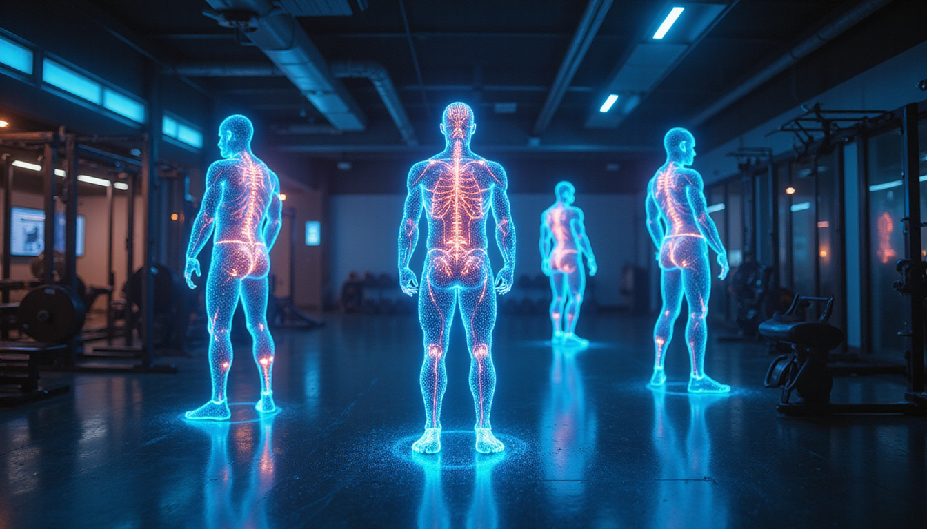  Futuristic gym scene showing EMG holograms mapping muscles glowing connections high contrast dramatic color
