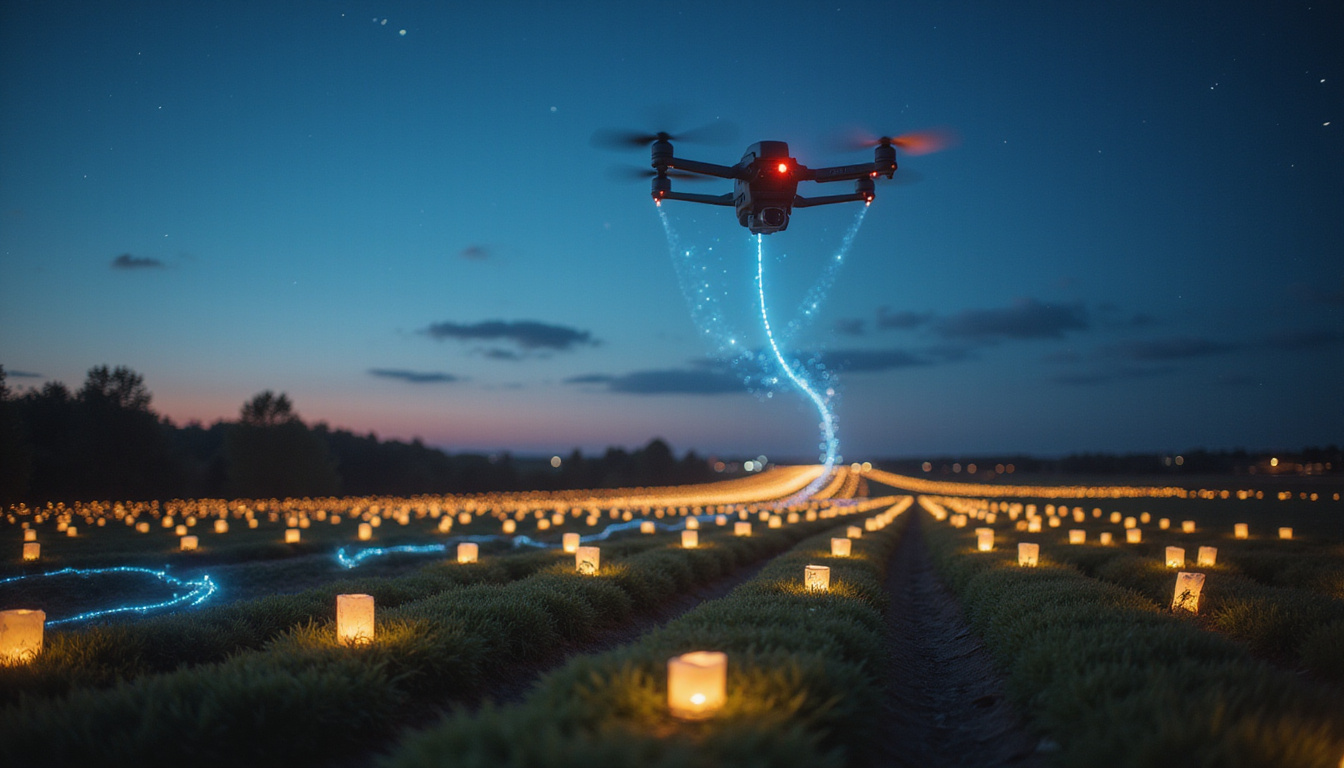 Drones delivering packages, glowing fiber-optic cables running through fields, startup pitch night beneath lanterns, cinematic