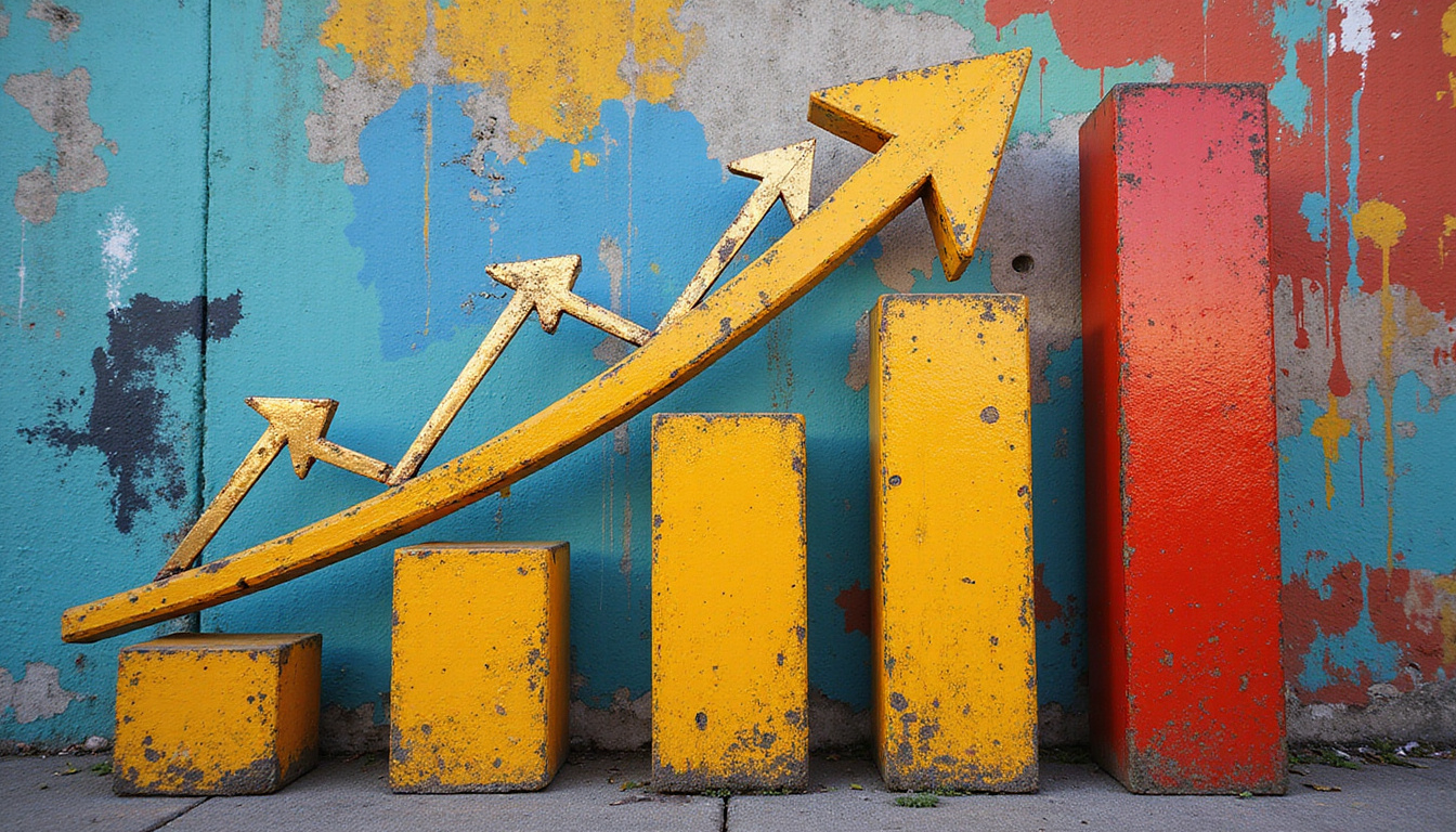 Three golden arrows piercing a rising bar chart, guerrilla marketing icons, vibrant urban street mural