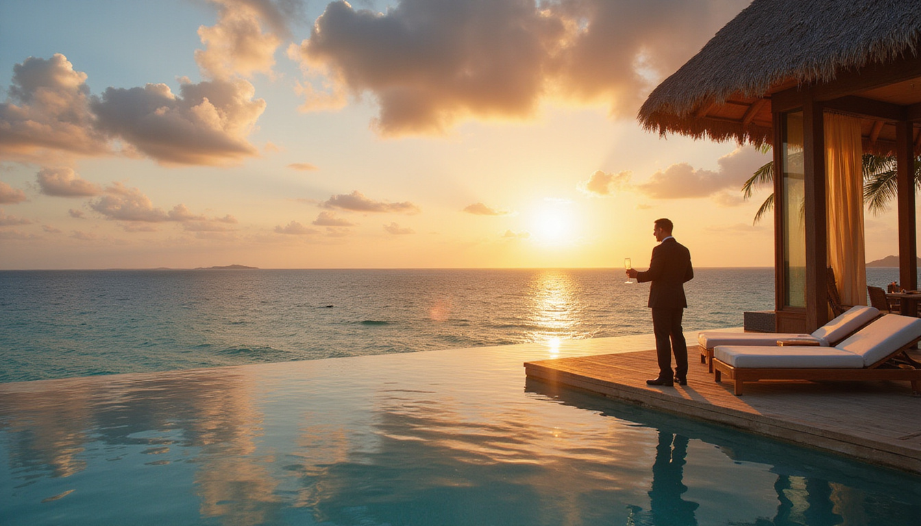 Opulent overwater villa with champagne, personal butler, panoramic ocean view, cinematic golden light