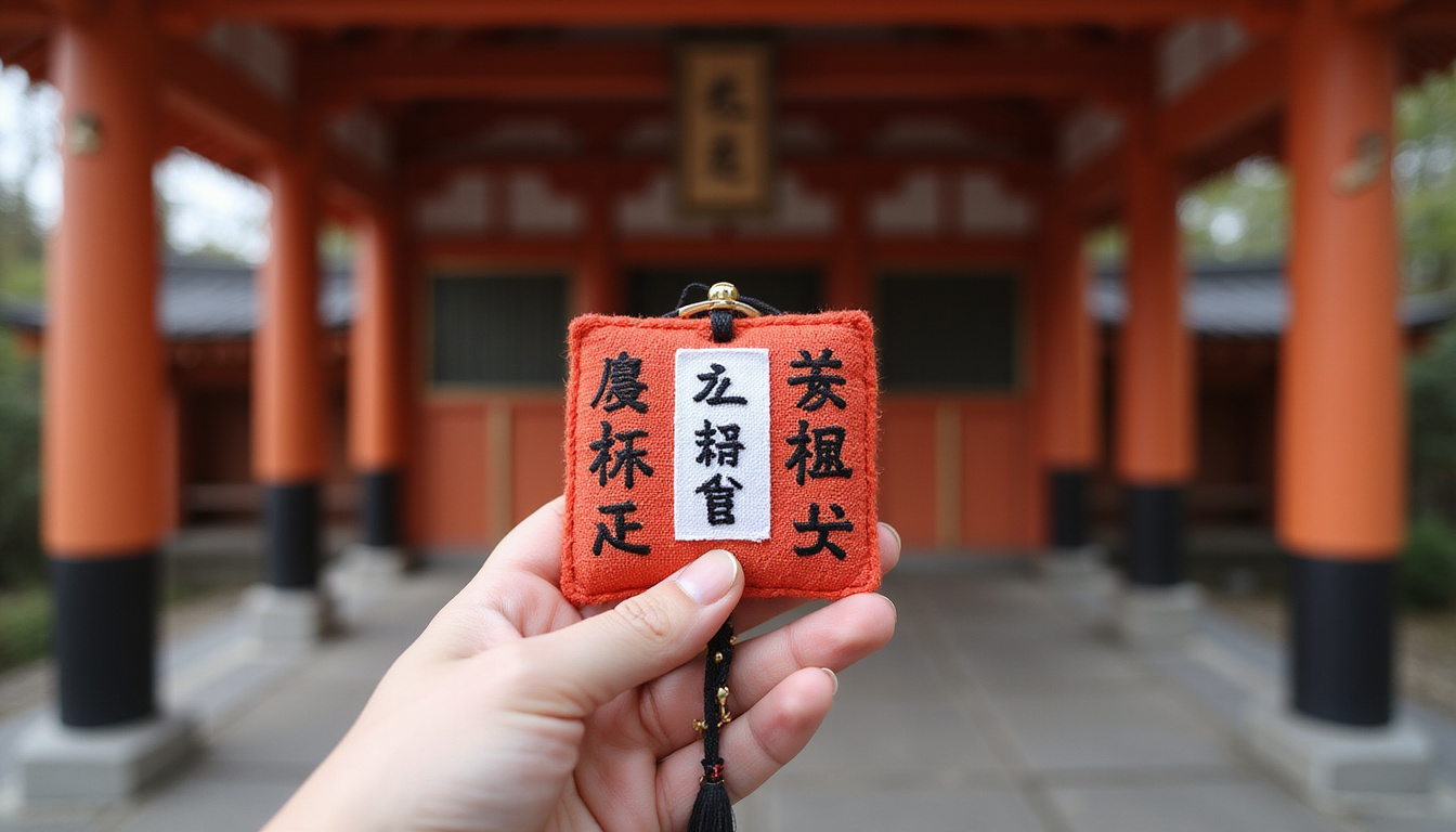  Hand holding embroidered omamori with kanji blessing, wooden shrine gate blurred background