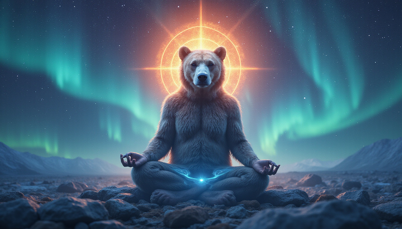  Ethereal bear spirit merging with meditative human, northern lights, intuitive glowing third eye