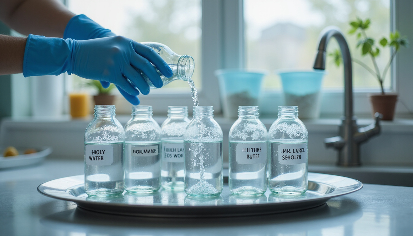  Sterile glass bottles labeled holy water, gloved hands pouring, sunlit stainless steel tray