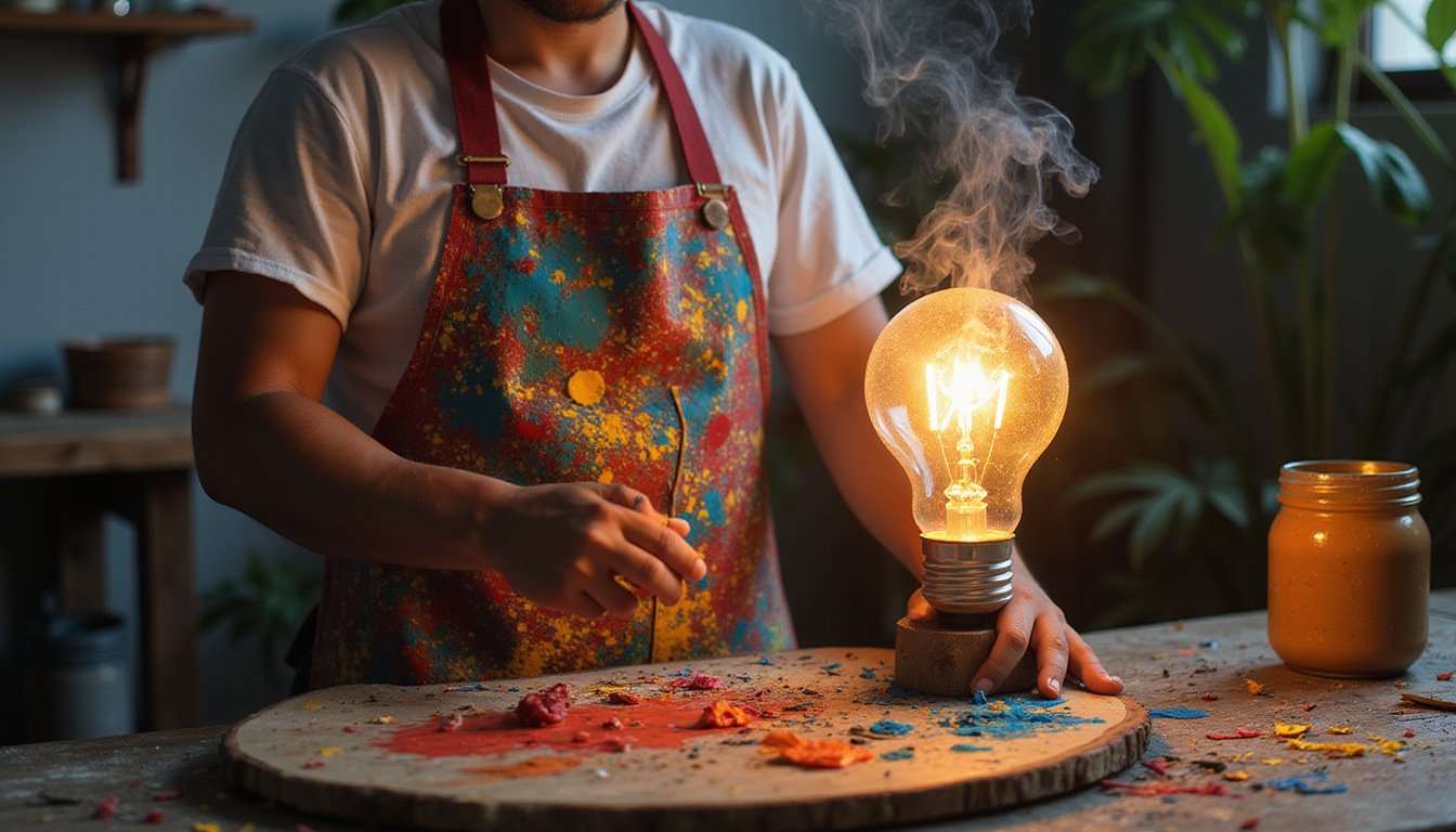  Creative studio ritual: paint-splattered apron, incense smoke, glowing idea lightbulb, relaxed breathing