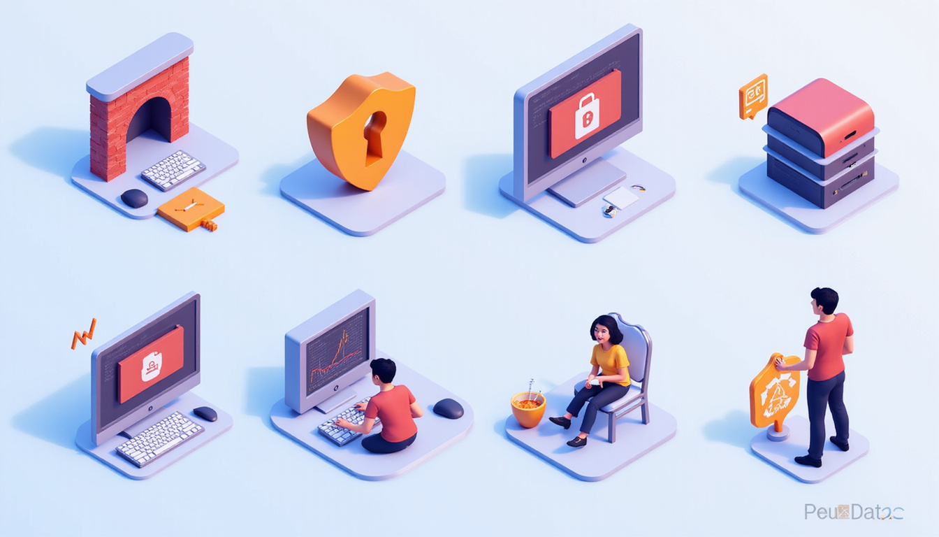  Isometric infographic style nine defensive icons: firewall, encryption, biometric, immutable backups, monitoring, isolation, staff training