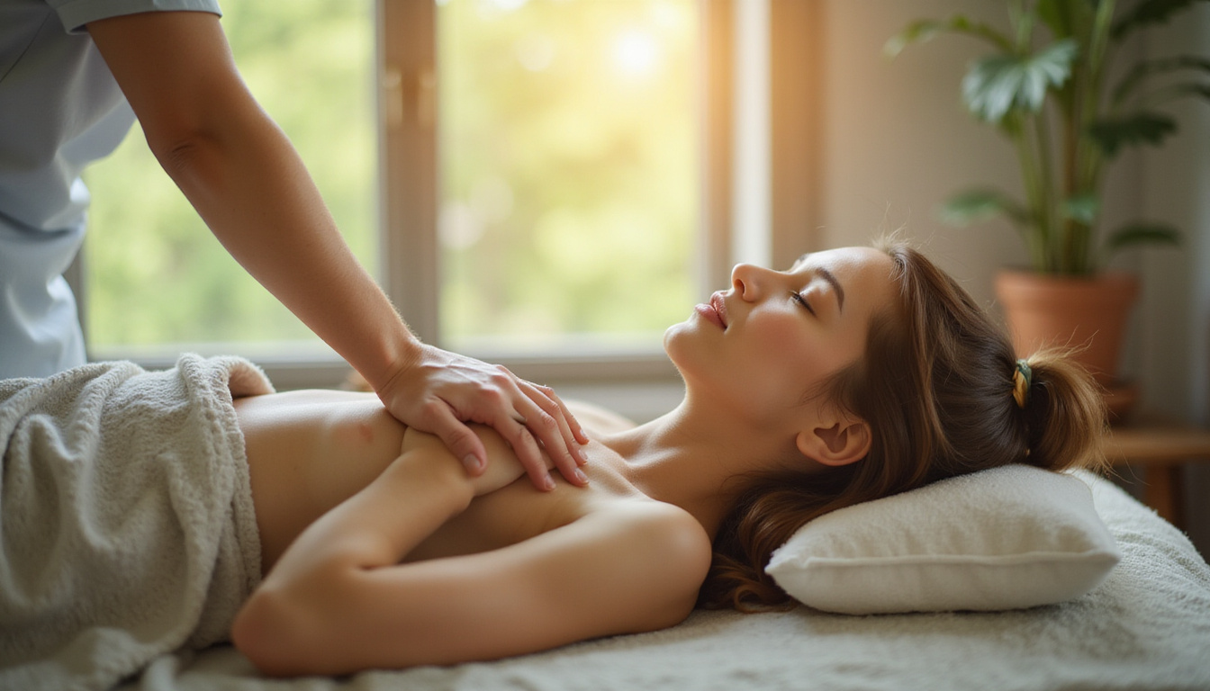  Drug-free holistic therapy scene: practitioner massaging shoulder, calm breathing, nature window, healing atmosphere