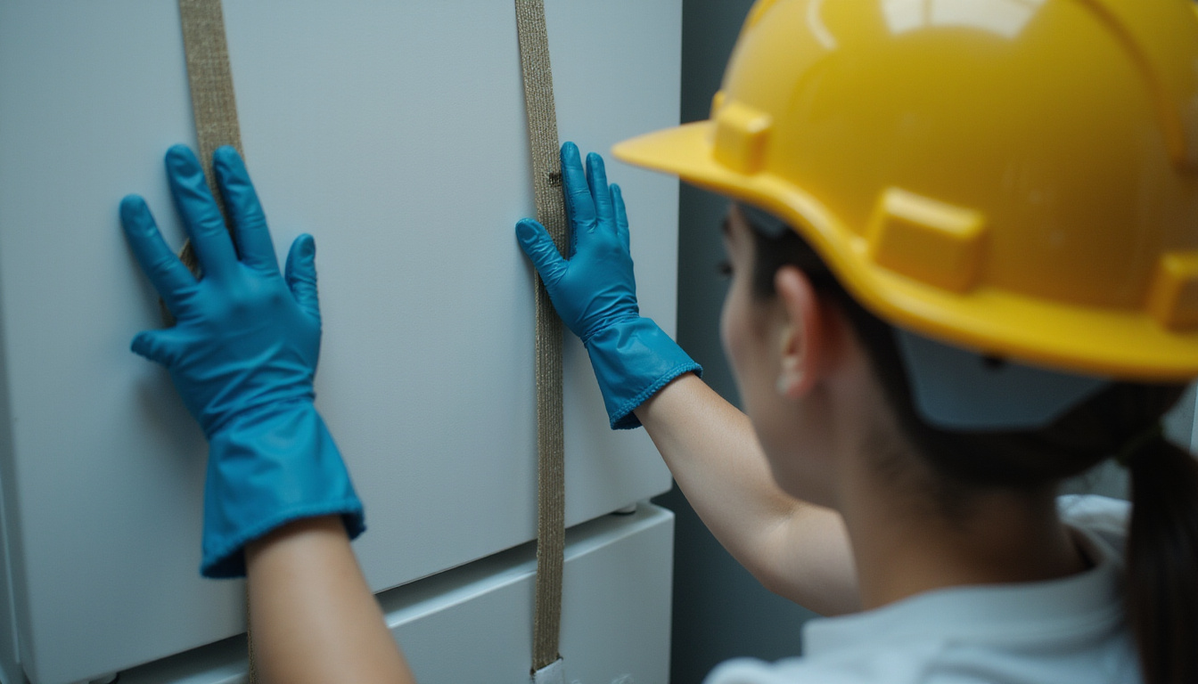 Cinematic close-up of gloved hands securing refrigerator with straps, stair descent, safety helmet