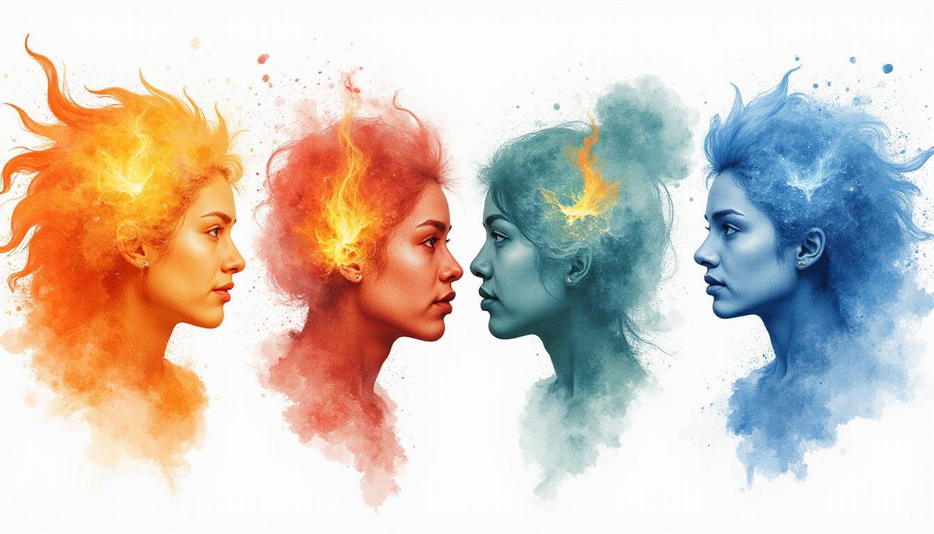 Watercolor portraits of fire, earth, air, water signs influencing relationships, work, wellness
