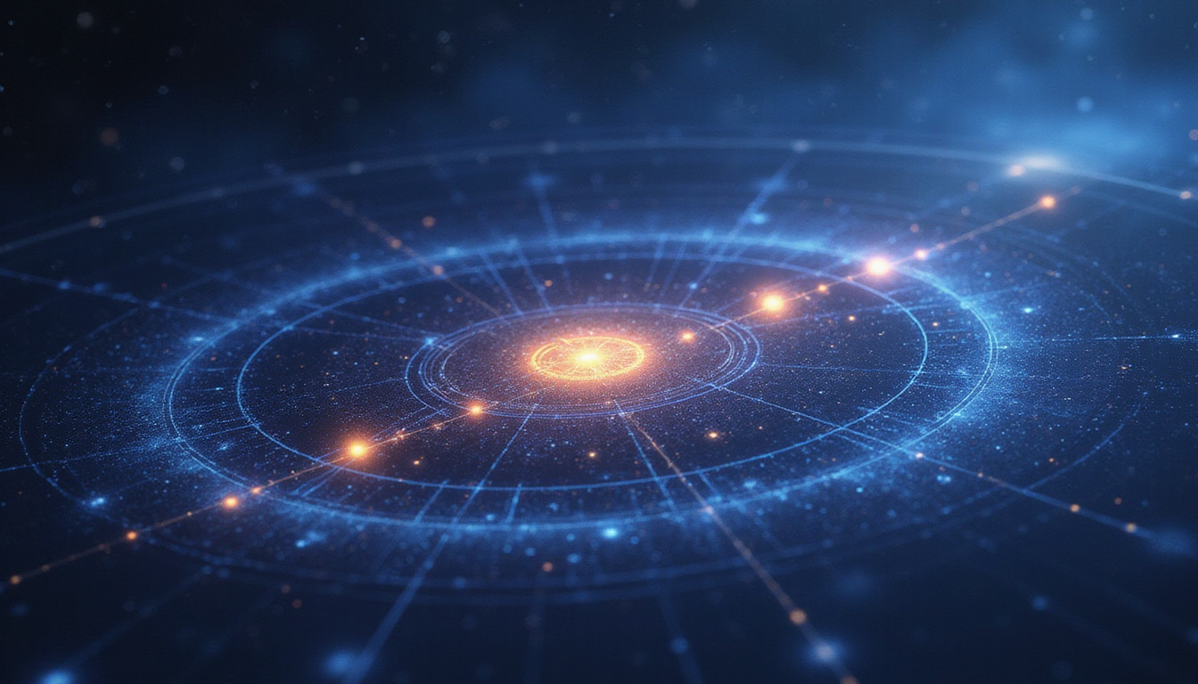 Astrological natal chart morphing into future map, planets moving along glowing progressions, soft indigo background