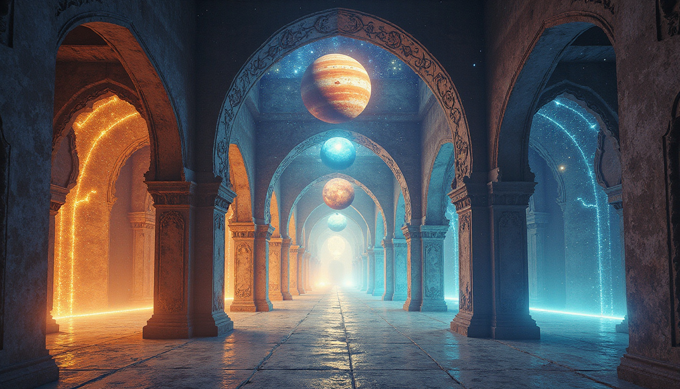 Celestial planets crossing ornate archways, lifepath fracturing into seasons, radiant astrological symbols