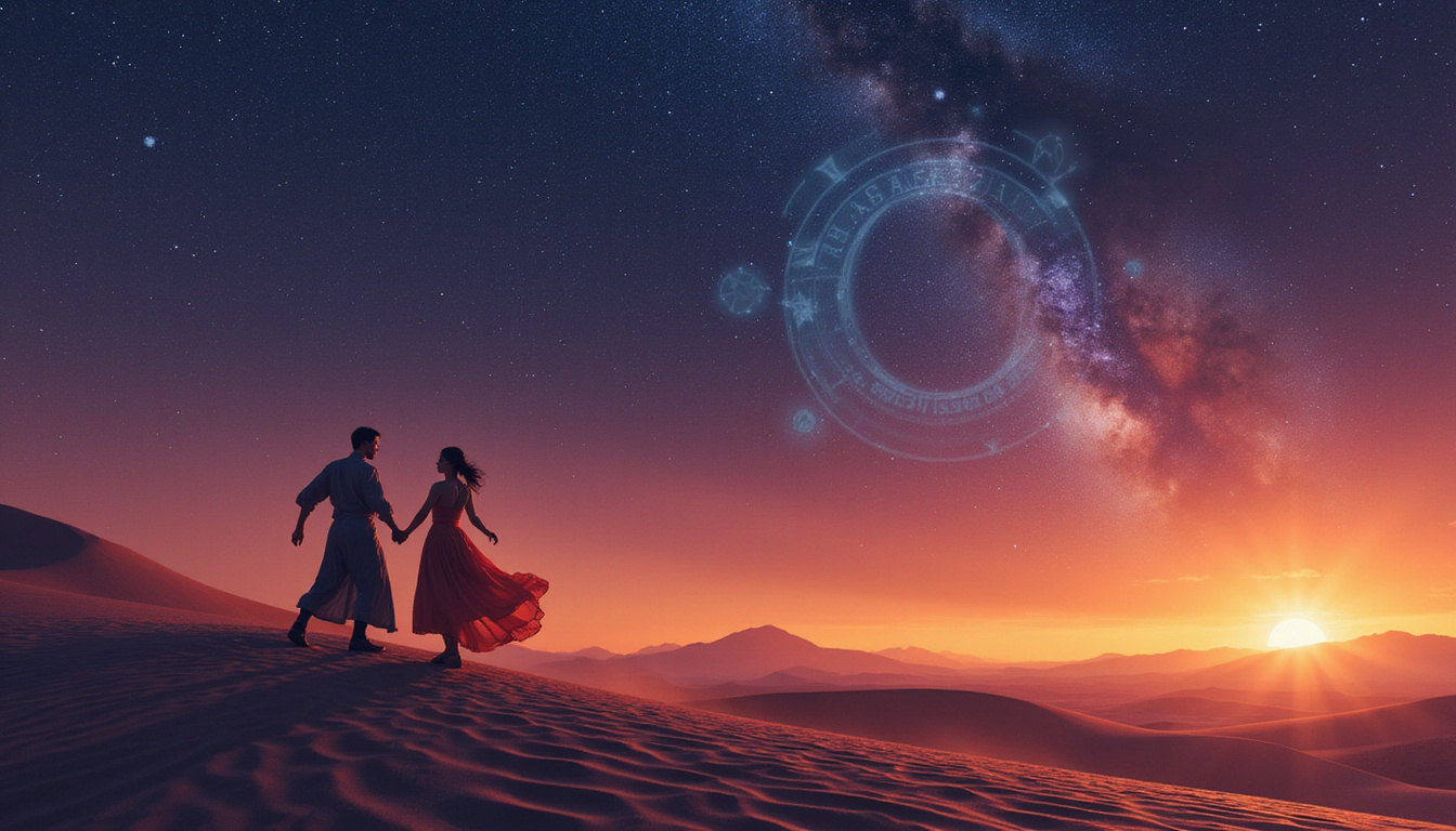 Couple dancing on Martian dunes under astrological symbols, warm ember light, lasting bond