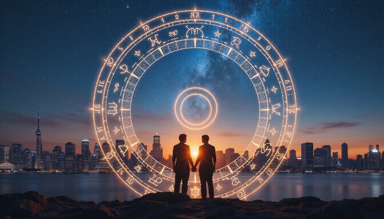  Ancient astrology chart overlaying city skyline and intimate couple, luminescent sigils, career symbols