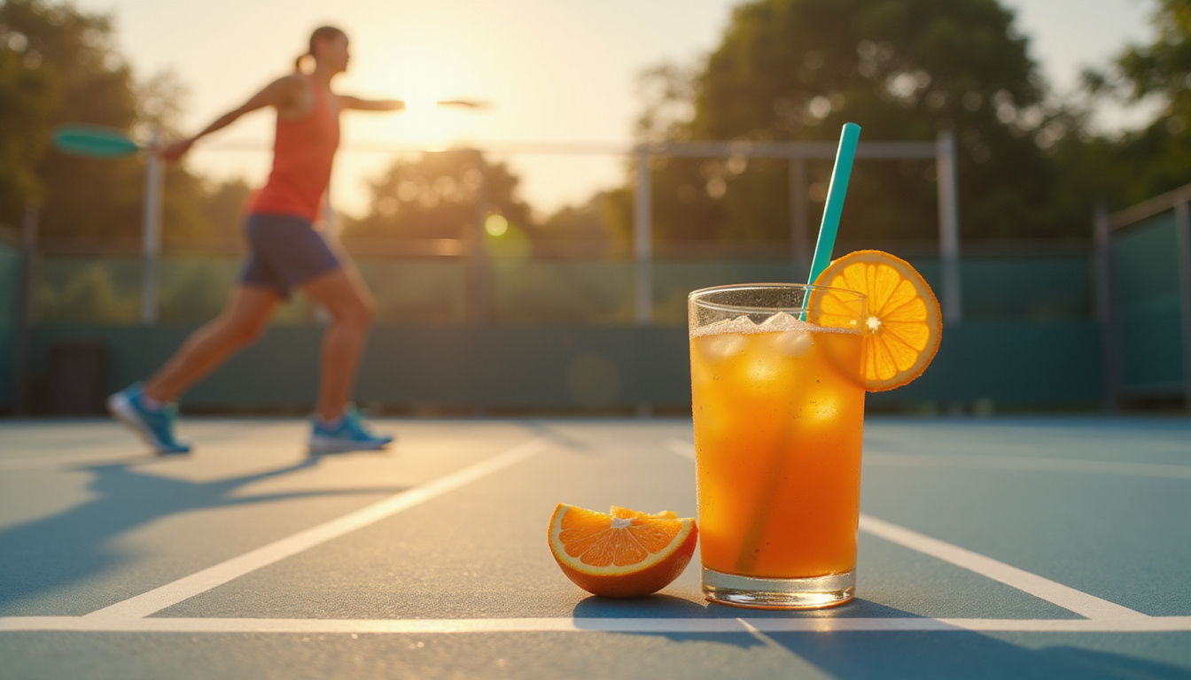  Warm morning court scene: recovery drink with orange slices, paddle propped, athlete stretching, sunflare