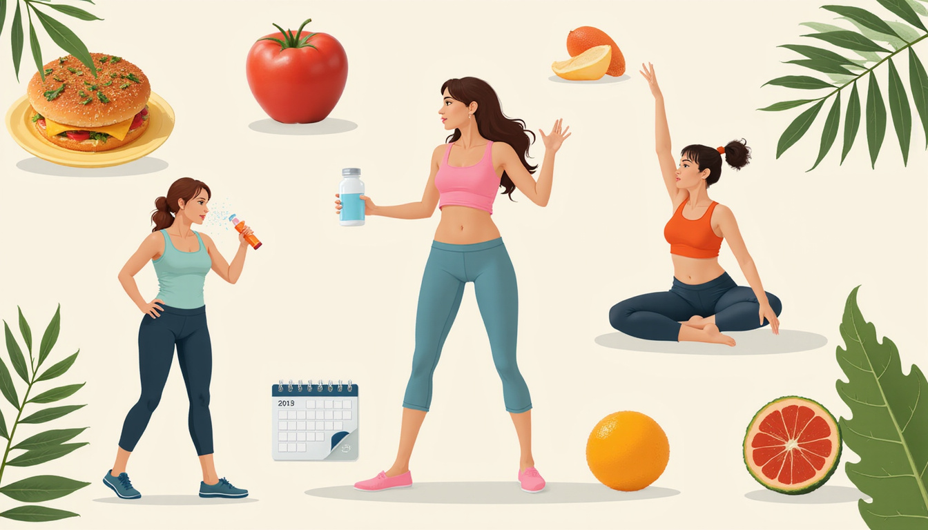  Balanced lifestyle montage: healthy food, exercise, hydration, calendar, pills minimized, soft natural light