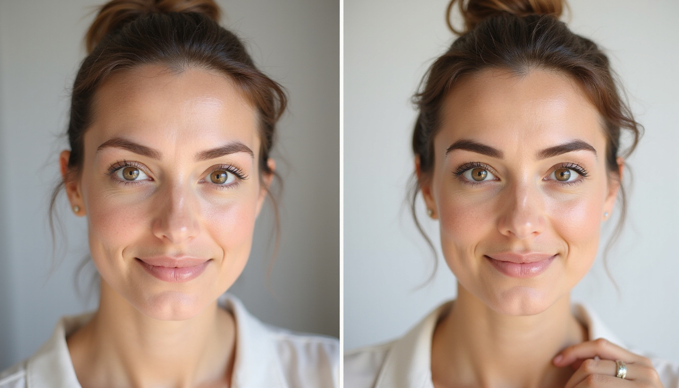  Before-and-after portrait showing fuller brows after rosemary serum, soft focus, minimalist skincare setup