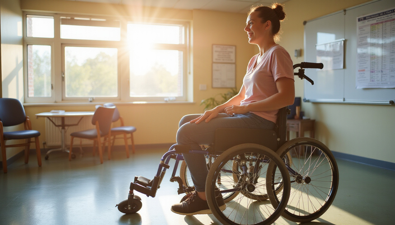 Sunlit clinic scene showing step-by-step mobility training, adaptive equipment, confident smile, progress chart