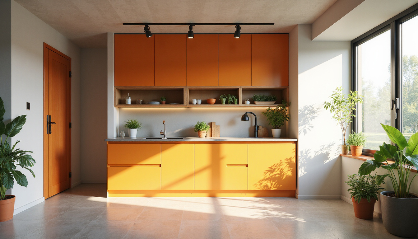  High-angle view, compact kitchenette wall, sliding panels, hidden workspace, plants, warm natural light