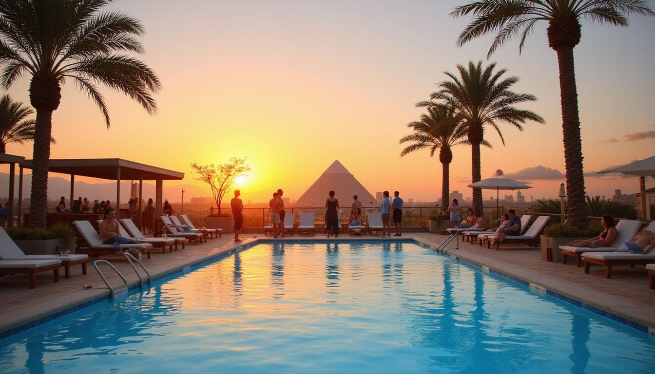 Inclusive rooftop pool at sunset, pool lift, palm trees, pyramids silhouetted, diverse guests smiling