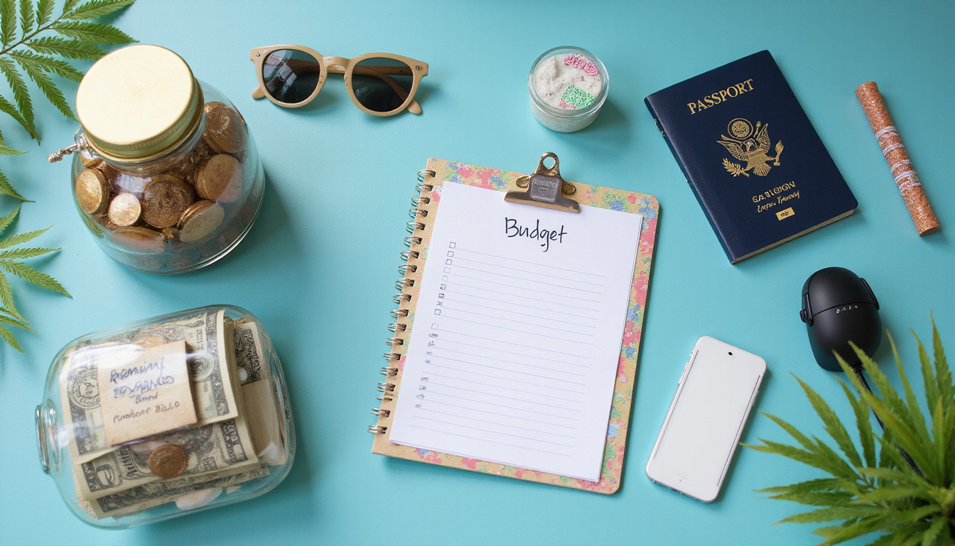 Budget travel planner flatlay: passport, cash jar labeled
