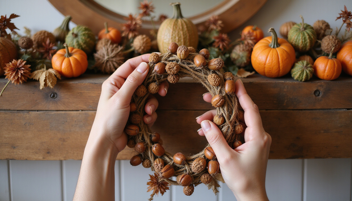Hands arranging acorn garland and twine wreath on wooden mantel, warm autumnal tones, chic rustic