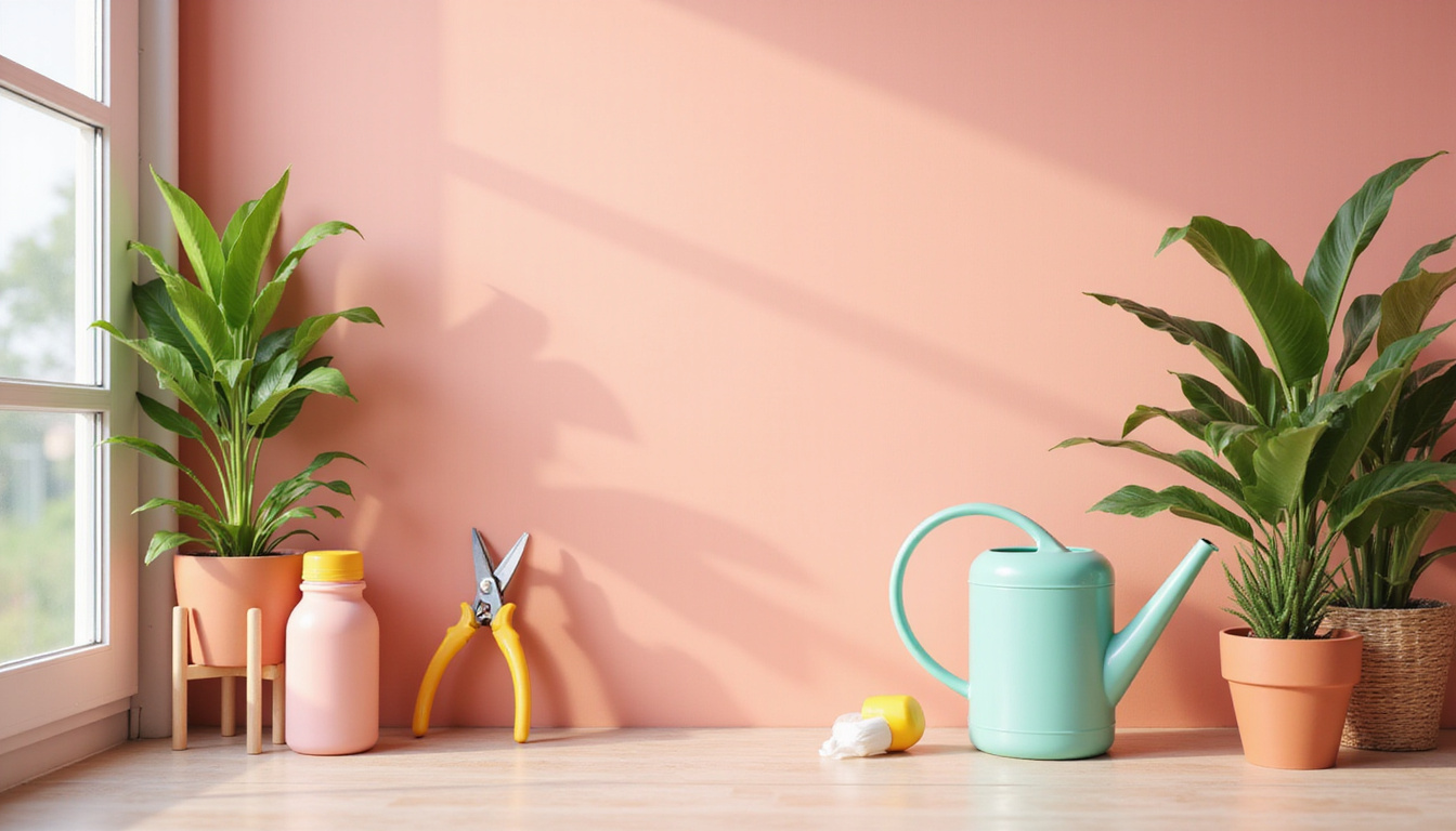 Modern indoor corner with care tools: watering can, pruning shears, nutrient bottle, healthy aglaonema