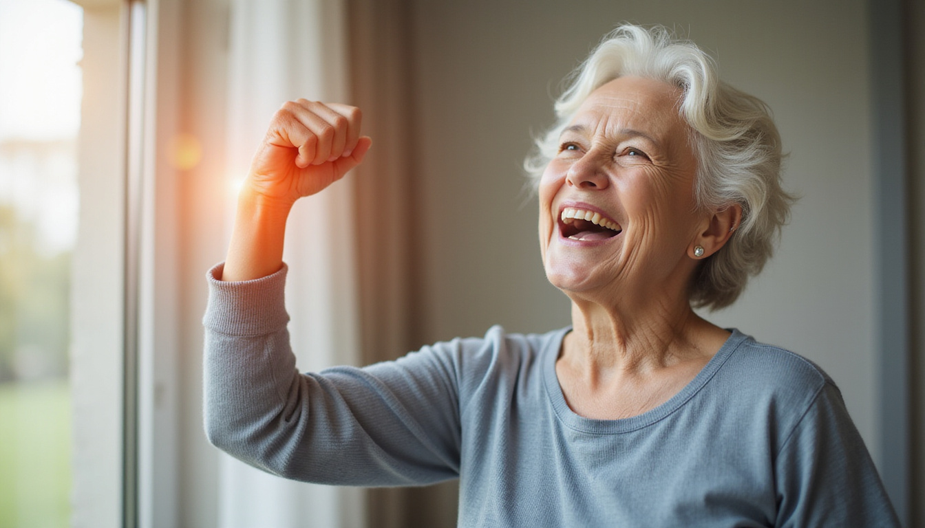  Elderly woman smiling flexing wrist restored mobility warm light indicating pain relief