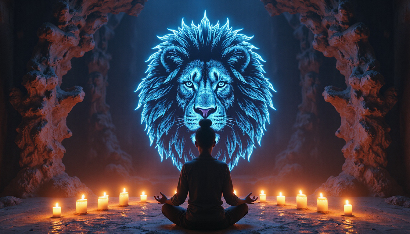  Person meditating beside lion spirit, ritual candles, tribal patterns, glowing glyphs of courage