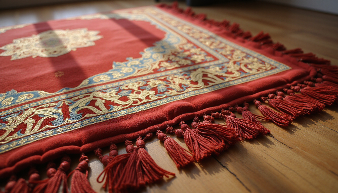 Close-up ornate Islamic prayer mat, gold embroidery, tassels, soft textures, tranquil home altar