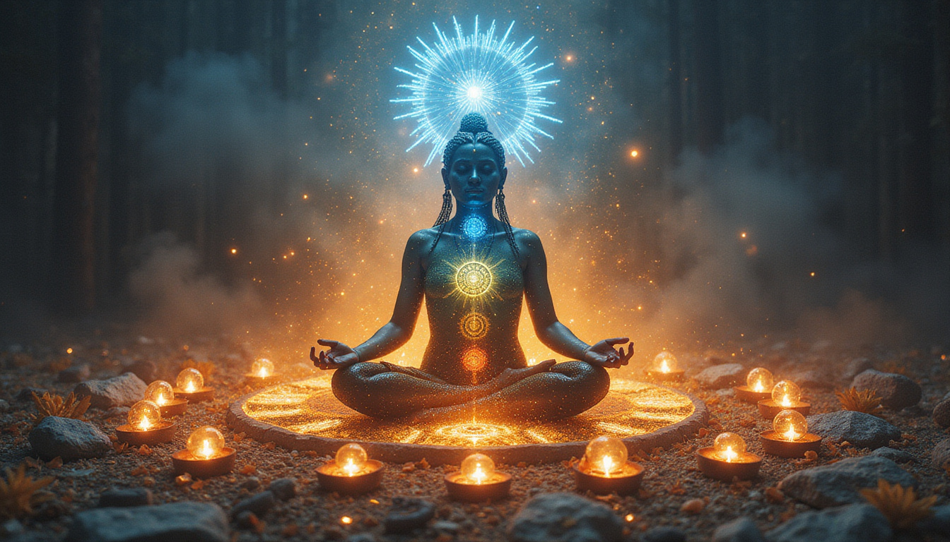  Meditative figure surrounded by ancestral spirits, luminous chakras, herbs and stones