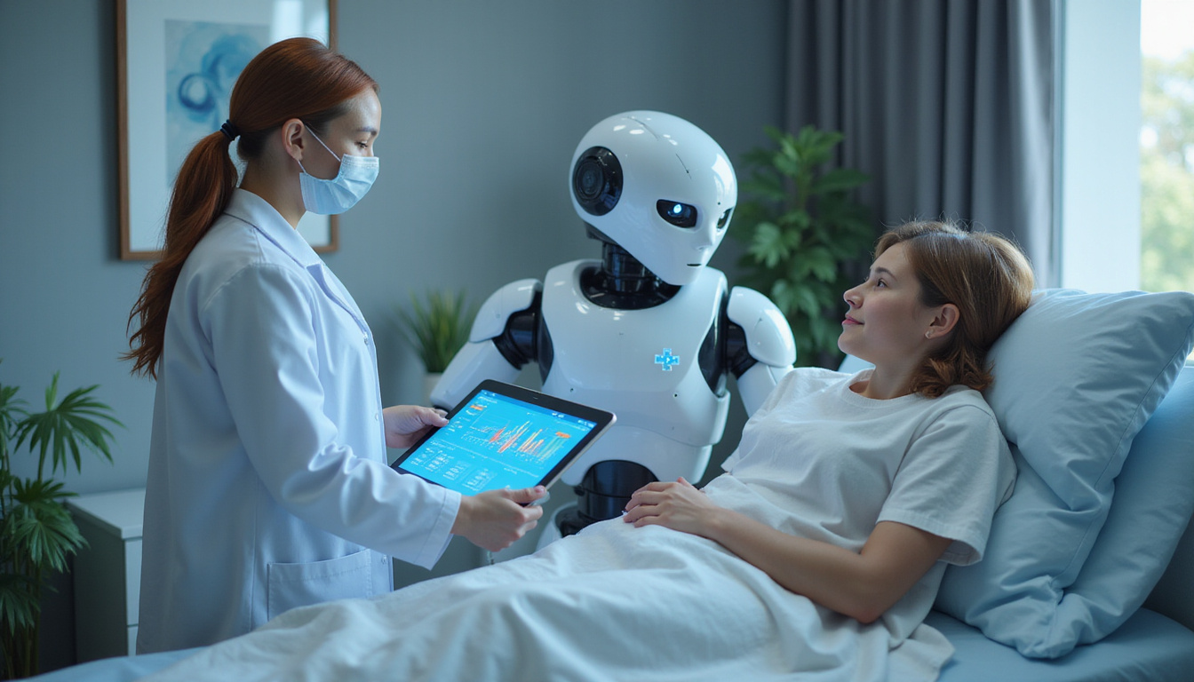  Robotic assistant and clinician reviewing predictive health analytics on transparent tablet, compassionate patient in bed
