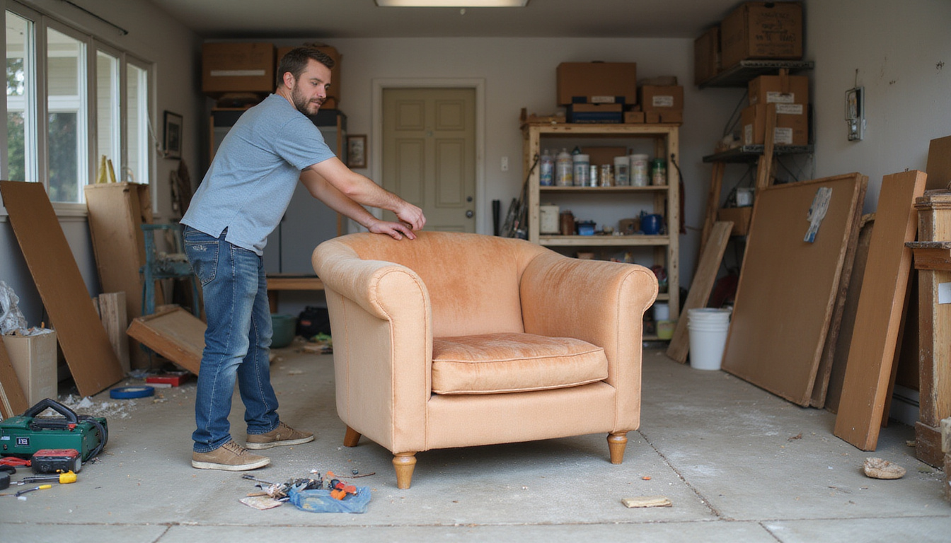 DIY homeowner disassembling upholstered armchair with simple tools, tidy garage, donation boxes