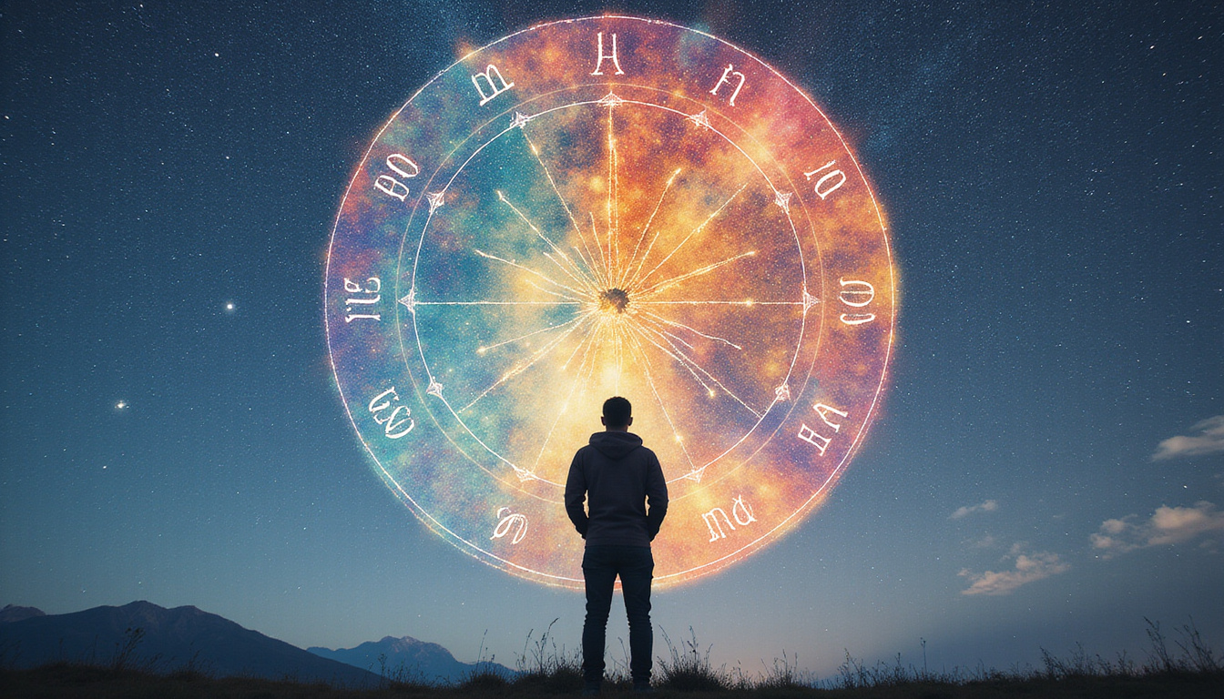  Person gazing at constellation map overlay, house sectors illuminating life themes, dreamy watercolor style