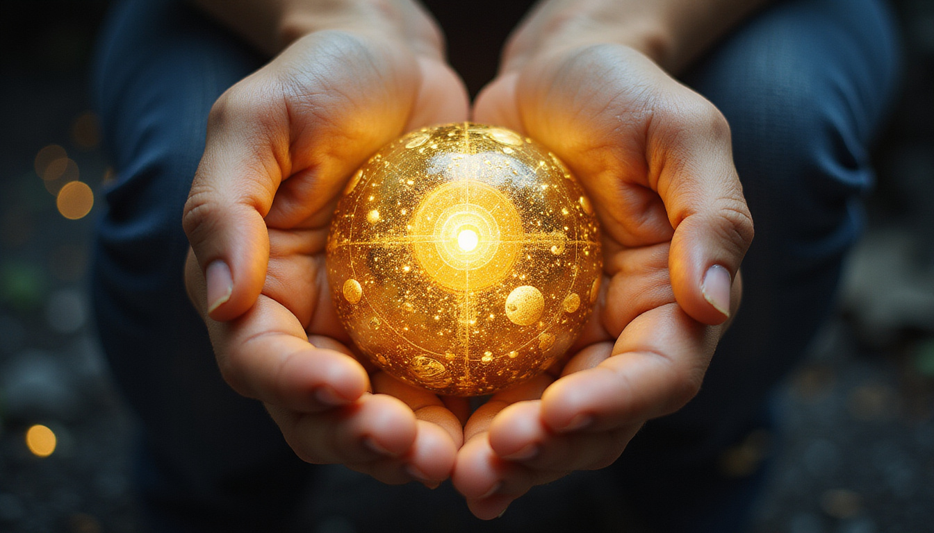  Mystical hands cradling a golden orb mapped with planetary symbols, wealth energy radiating