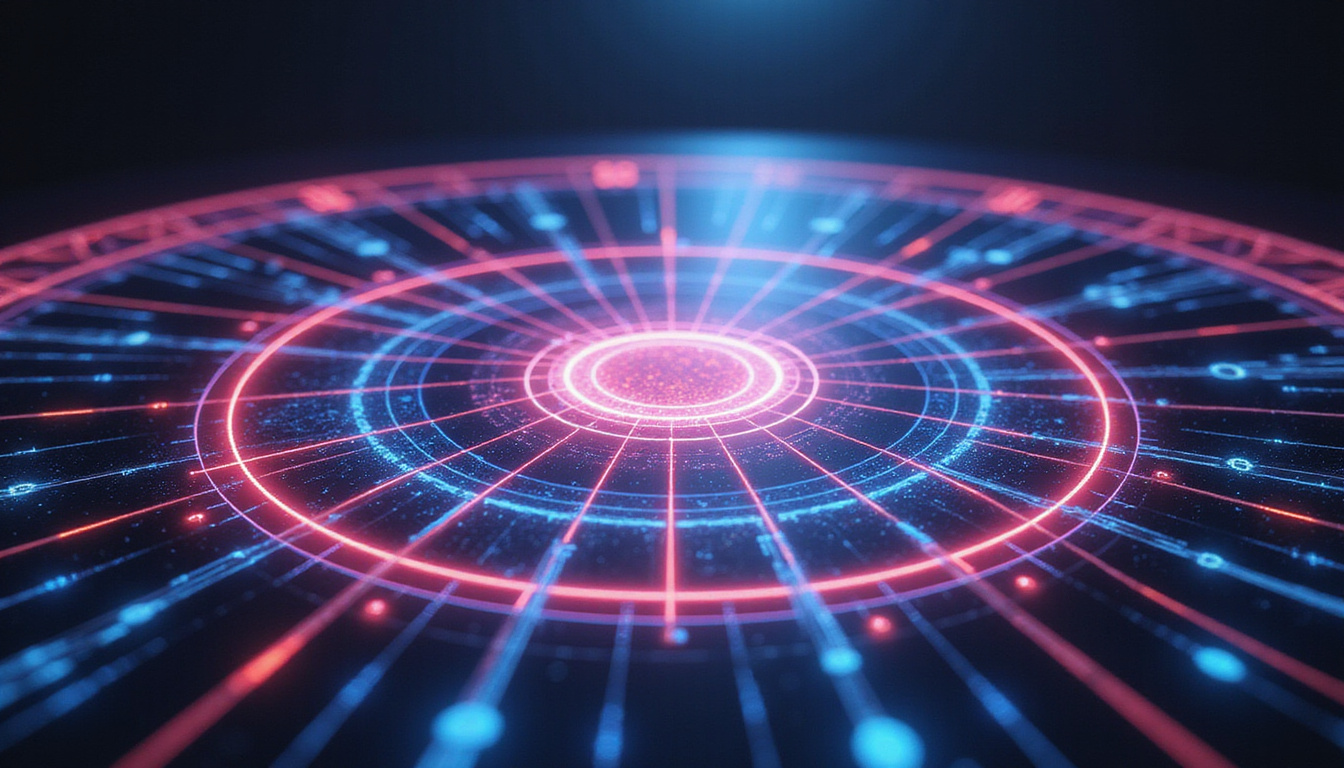  Futuristic daily planetary interface hologram, zodiac wheel rotating, neon lines mapping cosmic insights