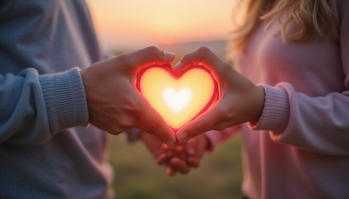  Heart-shaped compatibility meter glowing between partners, hand holding, soft bokeh, pastel color palette
