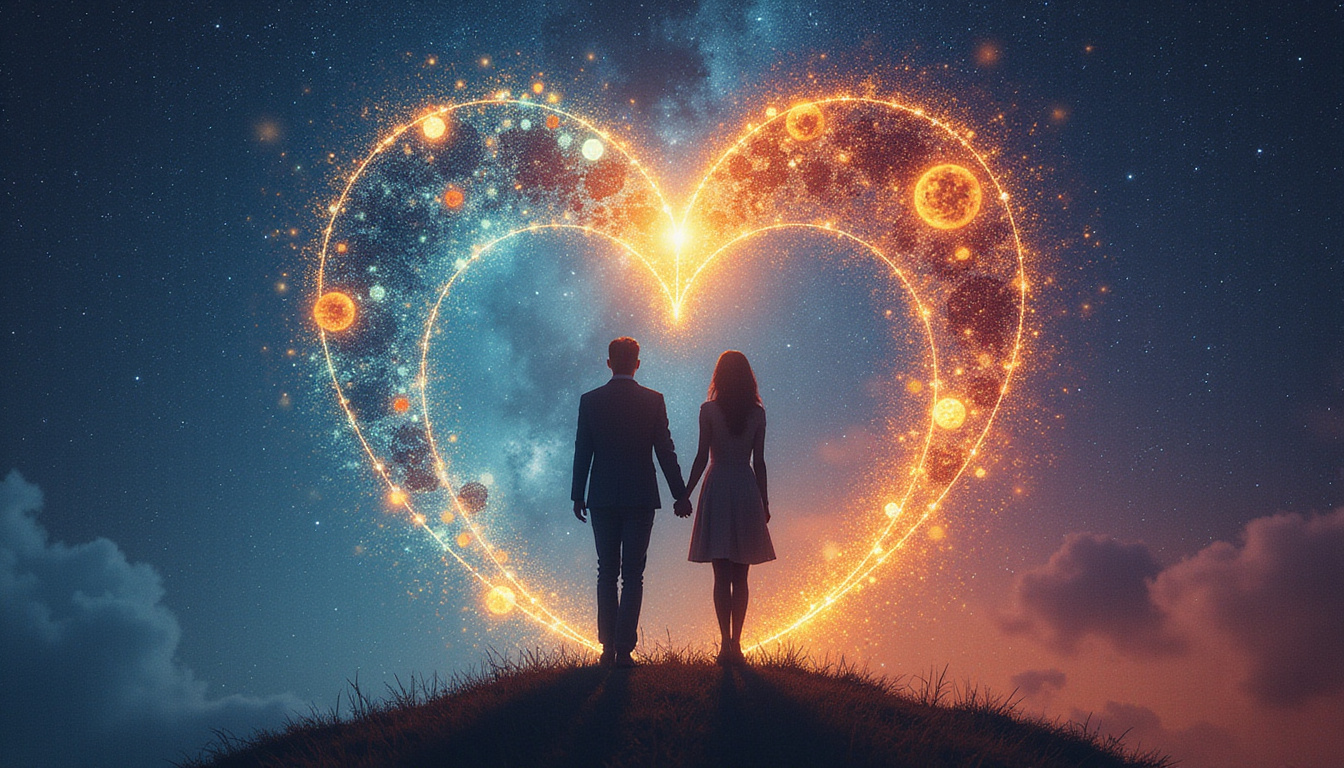  Silhouetted couple linked by luminous planetary threads across a heart-shaped astrological wheel, cosmic watercolor tones